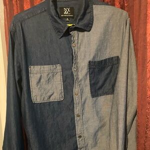 New York and Company women’s two-tone blue jeans snap shirt.